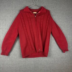 Hand Knit by Bruni Burgundy‎ Red Cable Knit Zip Up Cardigan Sweater
